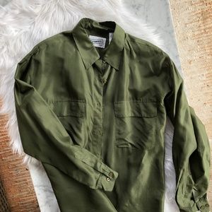 Vintage 100% Silk Green Oversized Button Up Top